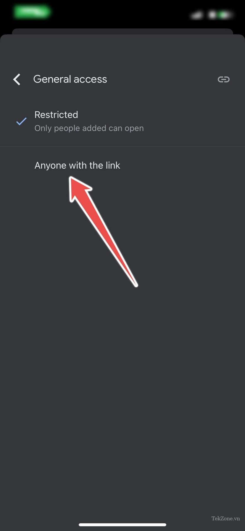 Tùy chọn bất kỳ ai có liên kết khi quản lý quyền truy cập tệp âm thanh trong ứng dụng Google Drive