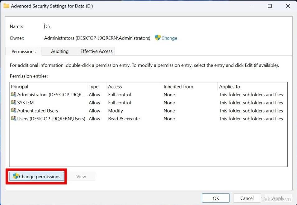 Chọn "Thay đổi quyền" ở góc dưới bên trái trong cửa sổ Cài đặt bảo mật nâng cao.