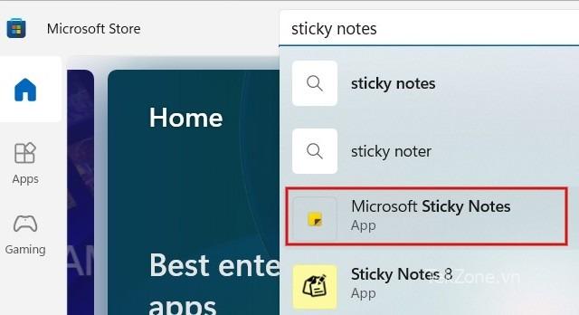 Đang tìm kiếm ứng dụng Sticky Notes trong Microsoft Store.
