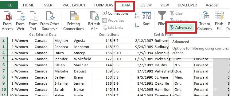 Chọn bộ lọc dữ liệu nâng cao trong Excel