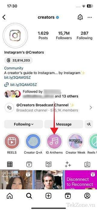 Nhấn vào bong bóng "IG Anthems" trên tài khoản Người sáng tạo trên Instagram.