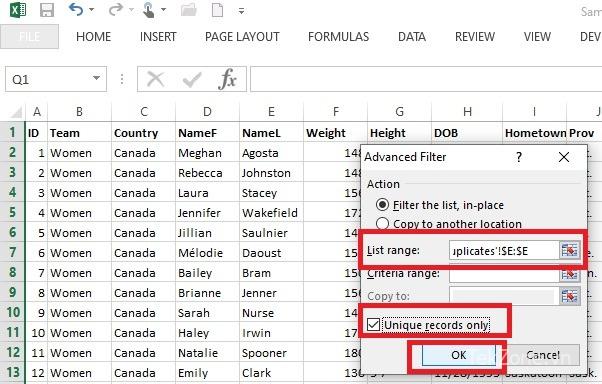Xác định phạm vi danh sách cho Bộ lọc nâng cao trong Excel