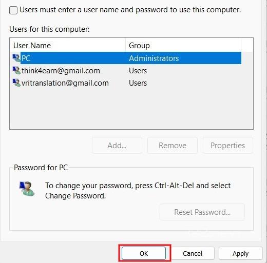 Nhấn "OK" để tắt mật khẩu đăng nhập.
