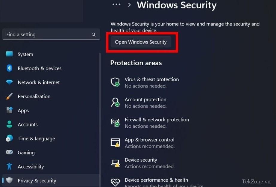 Nhấp vào nút "Mở Windows Security" trong Cài đặt Windows.