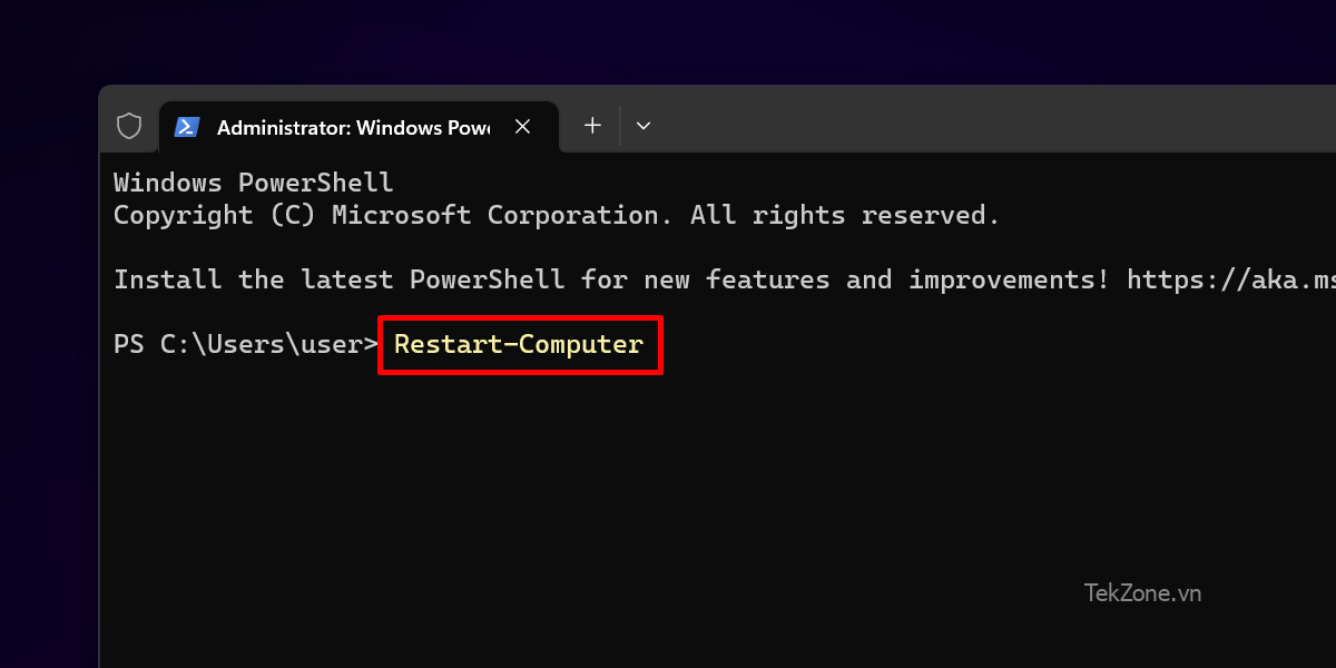 Nhập lệnh "Khởi động lại máy tính" trong ứng dụng Terminal.