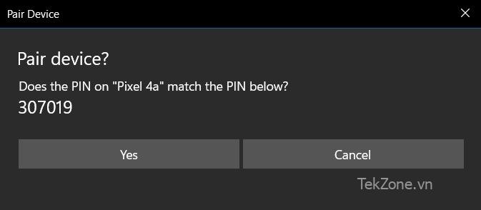 Cửa sổ bật lên trên PC hỏi bạn có nhận ra mã PIN ghép nối từ điện thoại không.