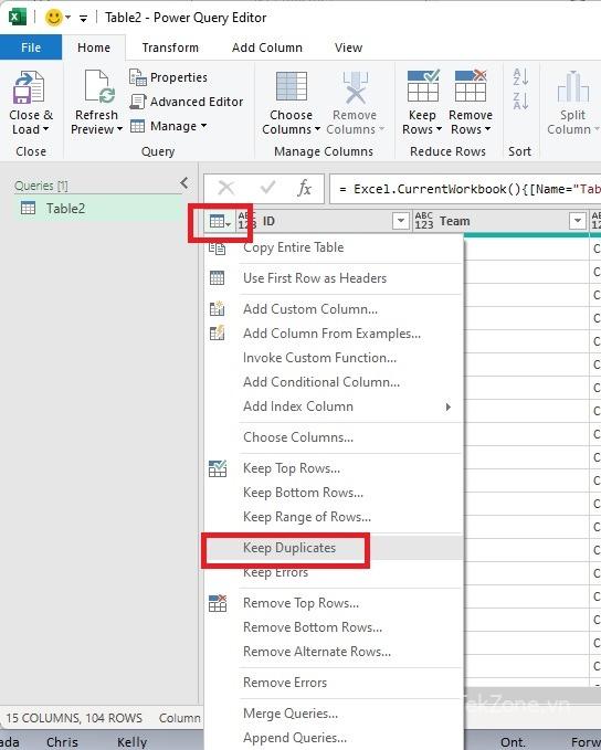 Giữ các bản sao trong Excel Power Query