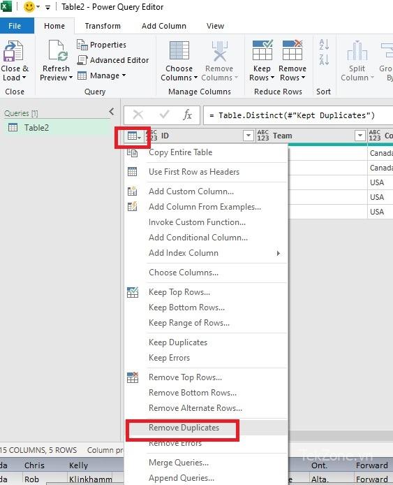 Loại bỏ các bản sao bổ sung khỏi Power Query Excel