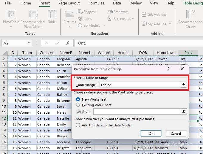 Chọn phạm vi của PivotTable Excel của bạn