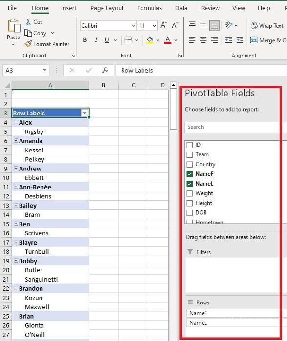 Chọn các trường PivotTable