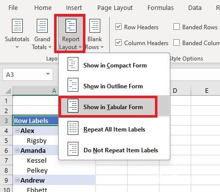 Hiển thị báo cáo PivotTable ở dạng bảng