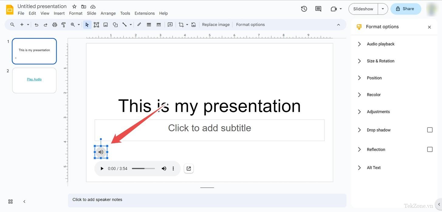 Biểu tượng loa sau khi chèn âm thanh vào Google Slides