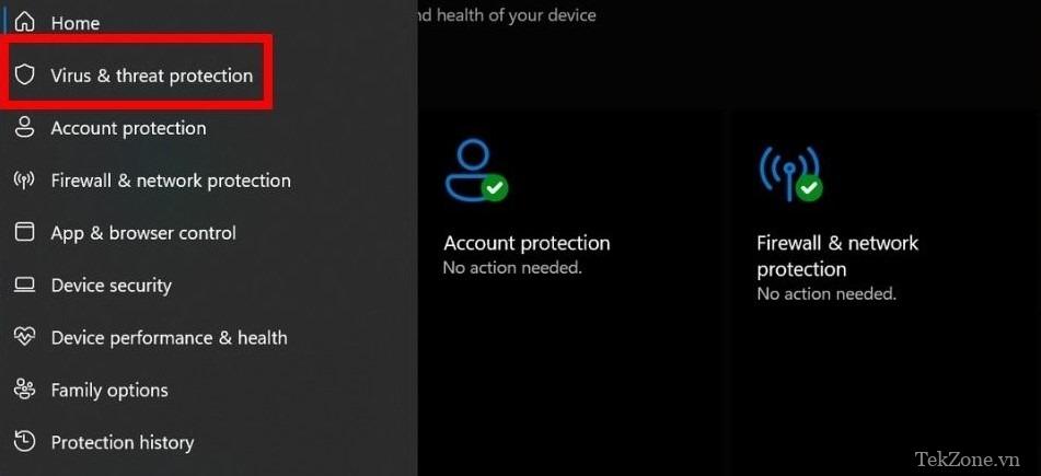 Chọn "Bảo vệ chống vi-rút và mối đe dọa" trong Bảo mật Windows.