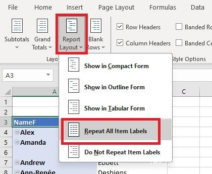 Chọn bố cục báo cáo PivotTable để lặp lại tất cả các nhãn mục