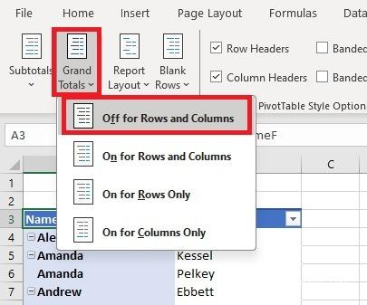 Tắt tổng cộng của PivotTable cho hàng và cột.