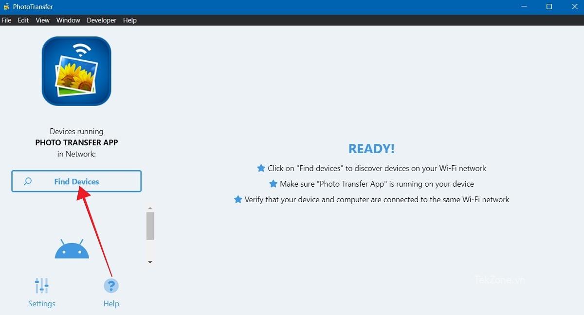 Nhấp vào nút "Tìm thiết bị" trong ứng dụng Truyền ảnh cho PC.