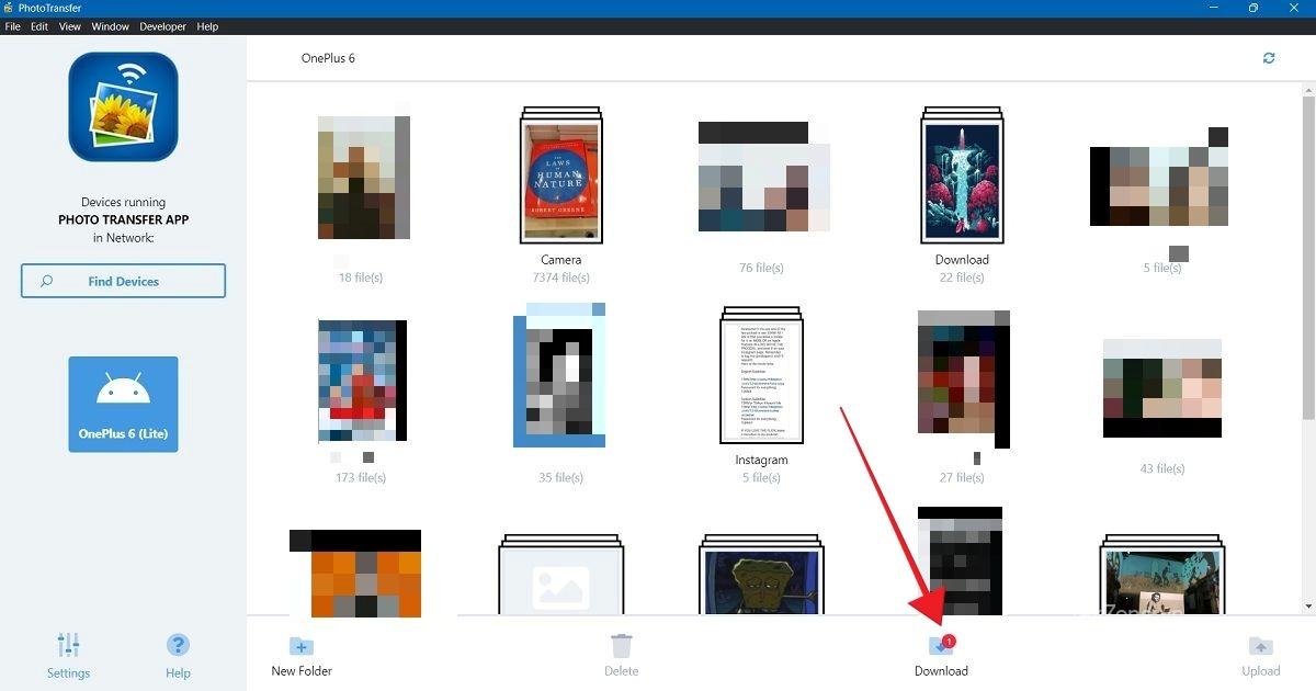 Nhấp vào nút "Tải xuống" trong ứng dụng PhotoTransfer.