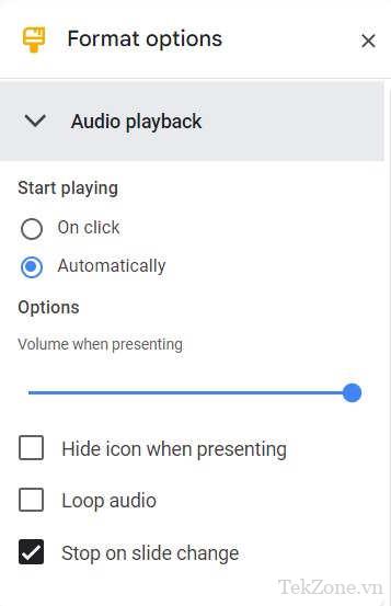Phần phát lại âm thanh của các tùy chọn định dạng trong Google Slides