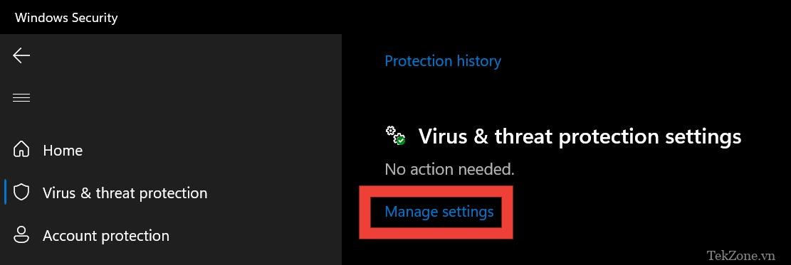 Nhấp vào "Quản lý cài đặt" trong "Cài đặt bảo vệ chống vi-rút và mối đe dọa" trong Bảo mật Windows.
