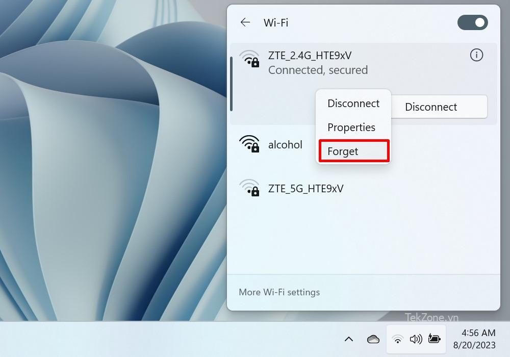 Chọn tùy chọn "Quên" để chọn kết nối Wi-Fi.