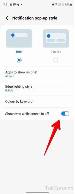 Bật tùy chọn "Hiển thị ngay cả khi màn hình tắt" trong Cài đặt điện thoại Samsung.