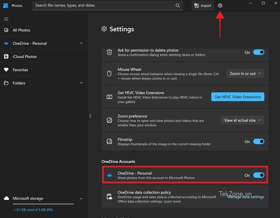 Bật chuyển đổi "OneDrive - Cá nhân" trong Cài đặt ứng dụng Ảnh trên Windows.