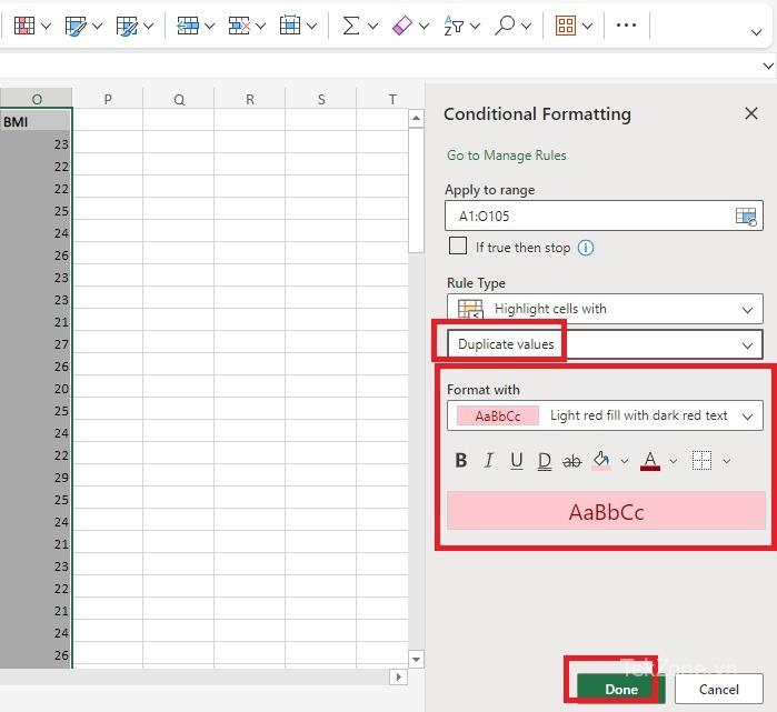 Chọn định dạng cho các giá trị trùng lặp trong menu Định dạng có điều kiện của Excel