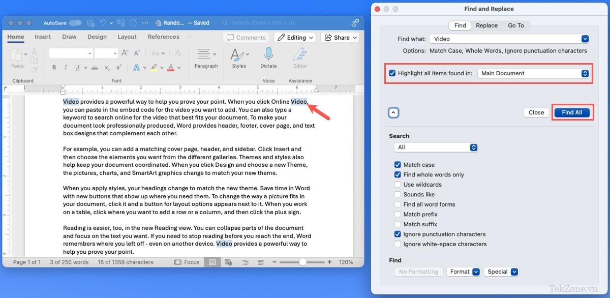 Nút Tìm và Thay thế Tìm tất cả và kết quả trong Word trên máy Mac