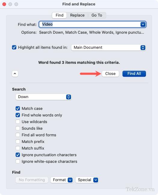 Tìm và thay thế nút Đóng trong Word trên máy Mac