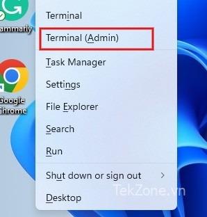 Chọn tùy chọn "Terminal (Quản trị viên)" trong menu WinX.