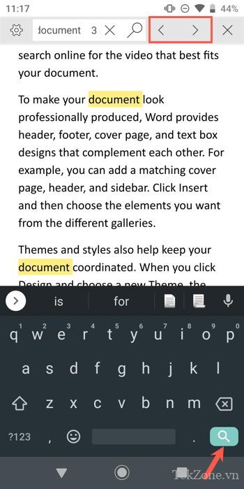 Phím mũi tên và tìm kiếm trong Word trên di động