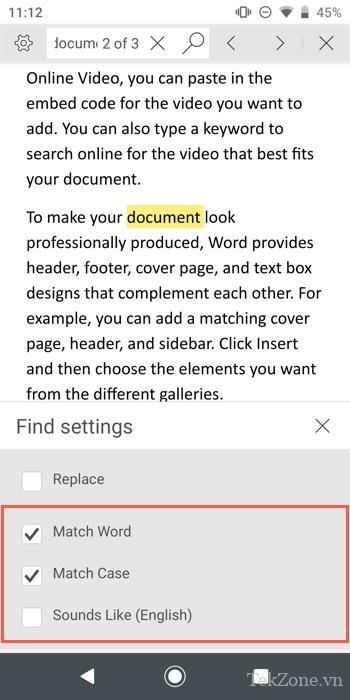 Tìm Cài đặt và bộ lọc trong Word trên thiết bị di động