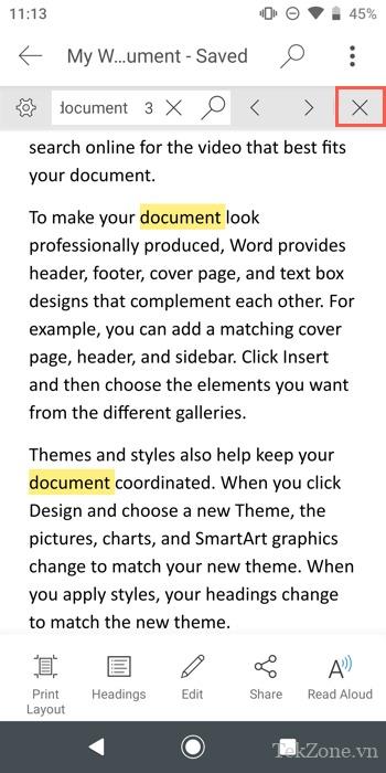 X để đóng Tìm kiếm trong Word trên thiết bị di động