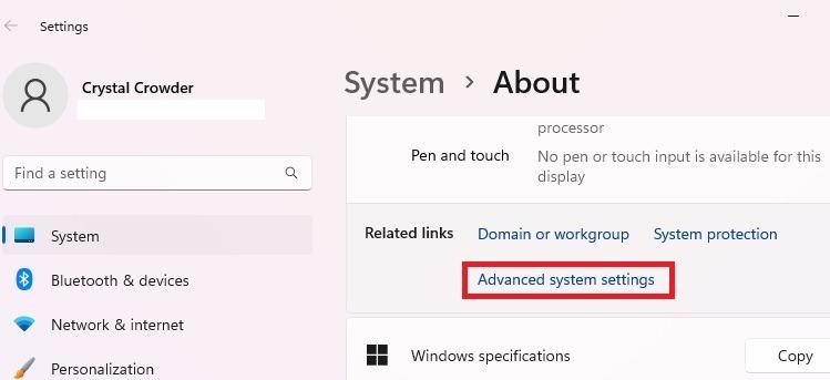 Nhấn vào nút "Cài đặt hệ thống nâng cao" trong Cài đặt Windows.