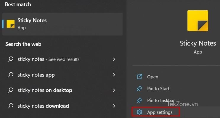 Nhấp vào nút "Cài đặt ứng dụng" cho Ghi chú dính trong Windows Search.