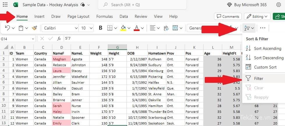 Chọn bộ lọc trong Excel