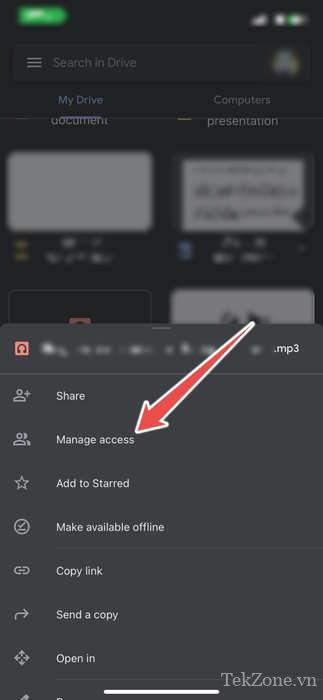 Tùy chọn quản lý quyền truy cập của tệp âm thanh trong ứng dụng Google Drive
