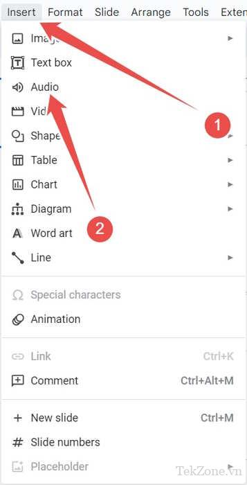 Chèn âm thanh vào Google Slides thông qua menu trên cùng