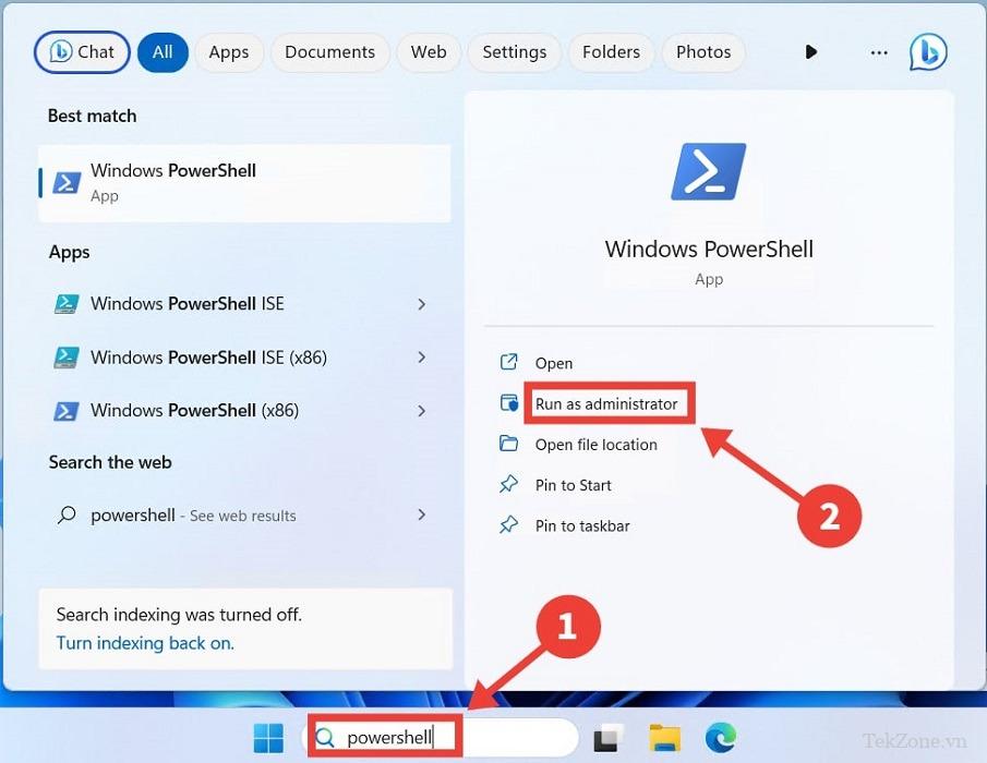 Mở Powershell với tư cách Quản trị viên trong Windows Search.