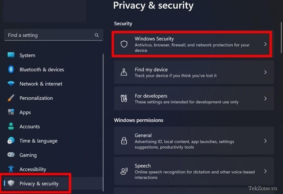 Nhấp vào "Bảo mật Windows" trong "Quyền riêng tư và bảo mật" trong Cài đặt Windows.