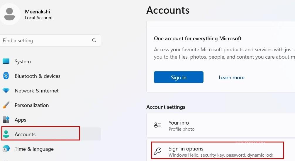 Nhấp vào "Tùy chọn đăng nhập" trong Tài khoản trong Cài đặt Windows.