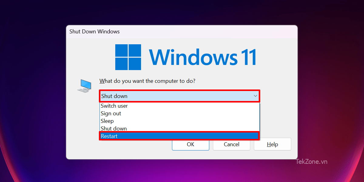 Chọn tùy chọn "Khởi động lại" trong cửa sổ "Hiển thị Windows".