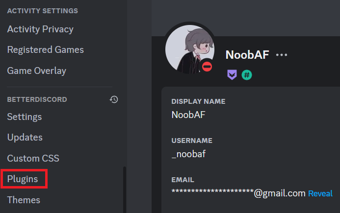 phần plugin trong cài đặt BetterDiscord