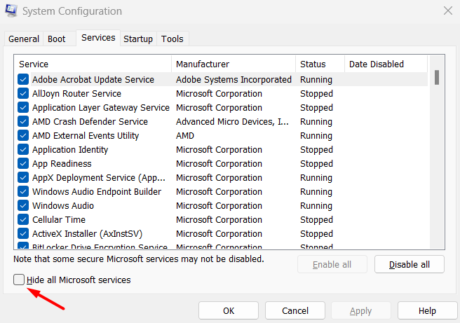 Kiểm tra ẩn tất cả các dịch vụ của Microsoft