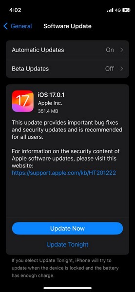 cập nhật iOS 17.0.1 cho iPhone