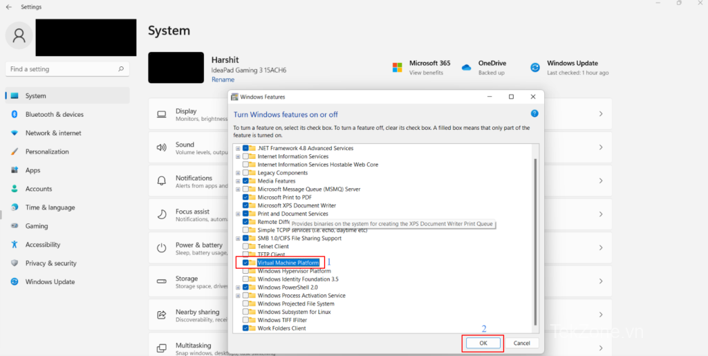 Kích hoạt nền tảng máy Virtaul trong Windows 11