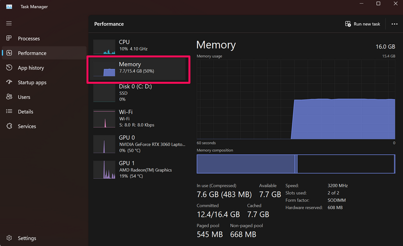 Kiểm tra thông tin RAM Task Manager windows 11 2