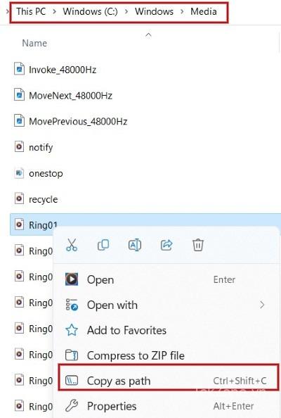 Nhấp chuột phải vào tệp âm thanh và chọn "Sao chép dưới dạng đường dẫn" từ menu ngữ cảnh.