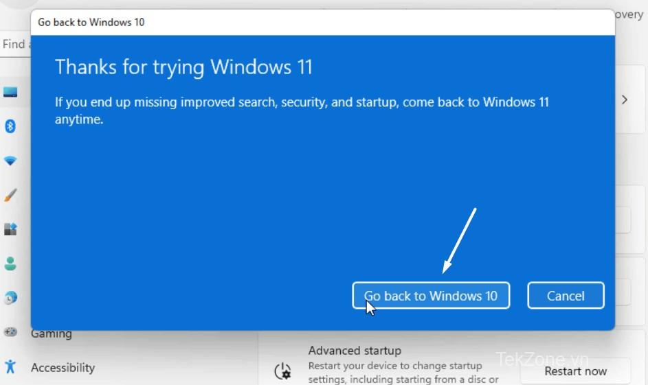 Nhấp vào Quay lại Windows 10