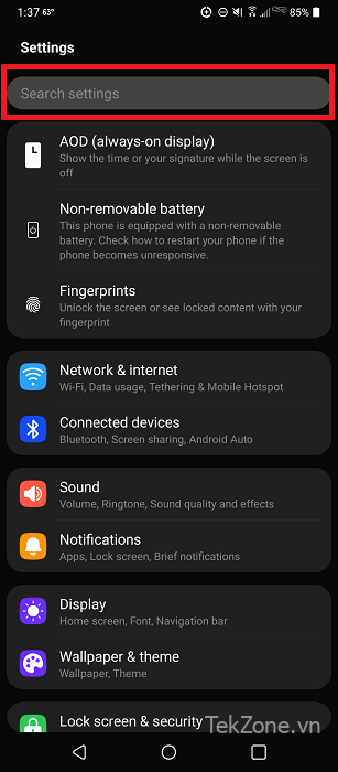 Sử dụng tùy chọn Tìm kiếm trong Cài đặt Android.